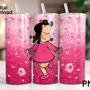 May include: A pink and white glitter tumbler featuring a cartoon girl character wearing a pink dress and holding a heart. The tumbler has a pink and white glitter background with hearts and the word "Love" written in pink.