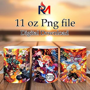 Puede incluir: Tres tazas de café con asa blanca y diseños coloridos de personajes de anime. Cada taza presenta una ilustración diferente de la serie "Demon Slayer". Las tazas están etiquetadas como "11 oz Png file Digital Download".