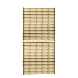 May include: Two wooden wall shelves with a grid pattern. Each shelf has 10 rows and 10 columns of square compartments.