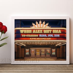 Love Under the Marquee: Personalized Wall Art for Couples featuring Customized Titles on a Cinema Theatre Entrance. Great anniversary gift