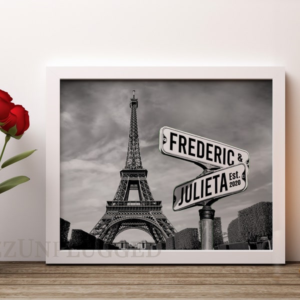 Personalized Paris Name Street Sign Canvas Print, Customized Name Intersection Sign Poster Wall Art, Best Gift For Wedding. Lovers Wall Art