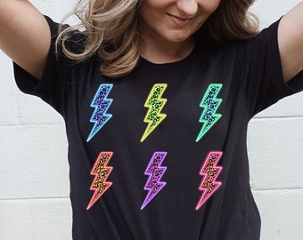 Lightning Tee, Mama Shirt, Electric Mom, Neon Bolts, Leopard Bolts