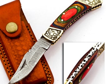 Folding Knife - Custom Handmade Damascus Steel Hunting Knife - Wood Handle