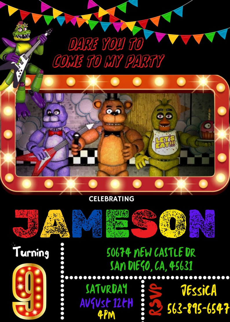 Five Nights at Freddy Birthday Invite, With FREE Video Thank You Card ...