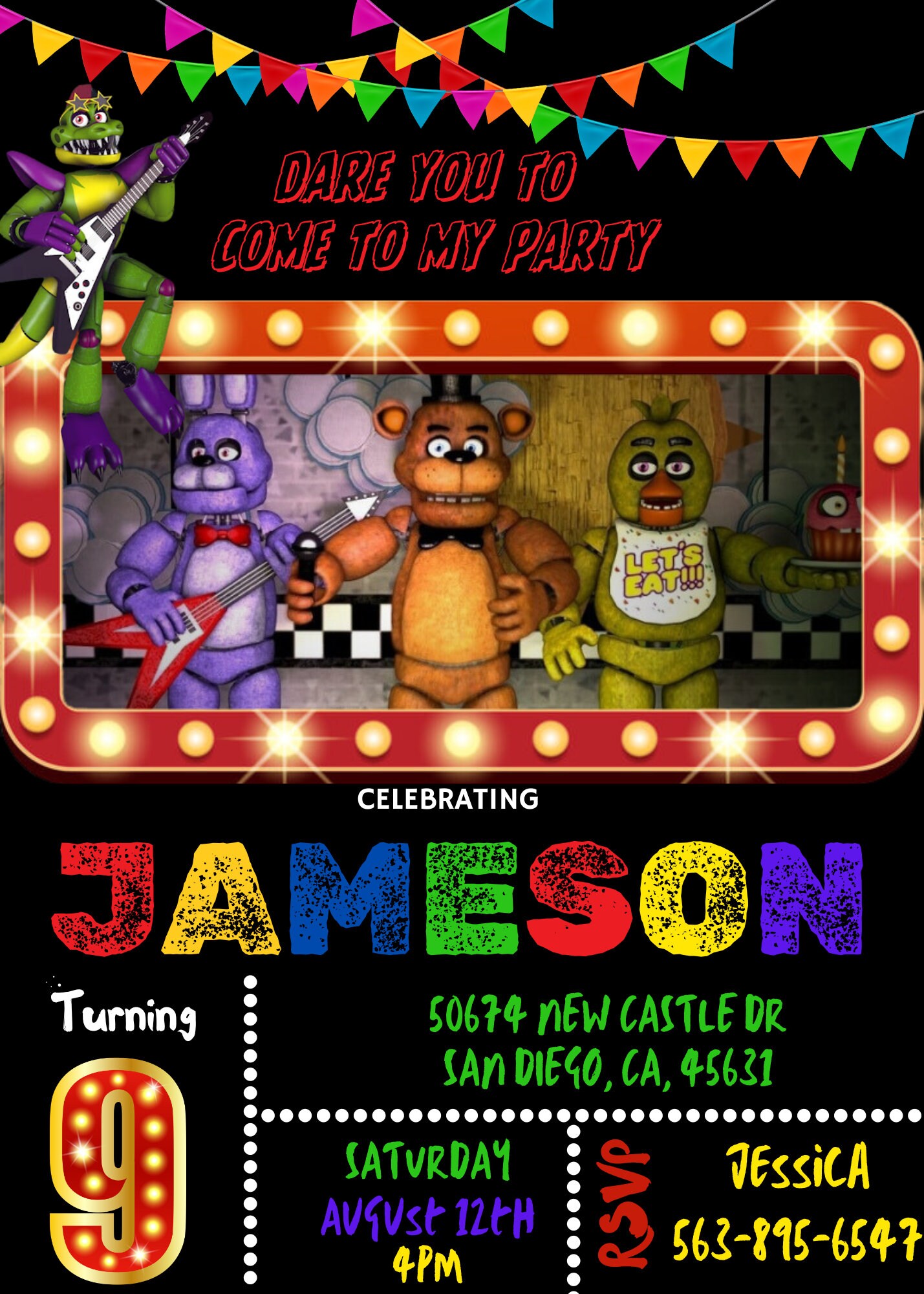 Five Nights at Freddy Birthday Invite, With FREE Video Thank You Card ...