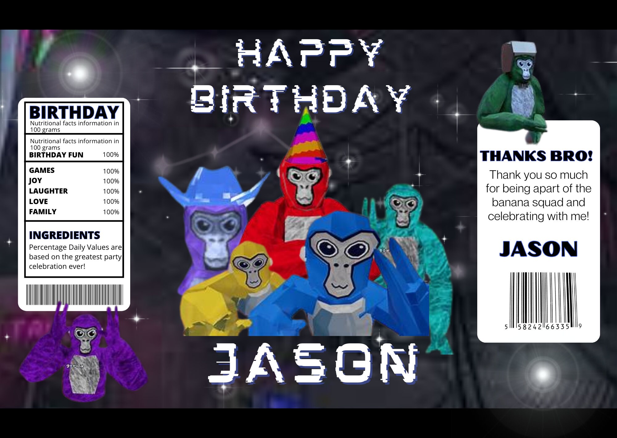 Gorilla Tag Bday Bundle. Thank You Cards, Water Bottle, Candy Bar, and