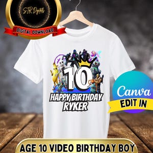 Jungen Videospiel Alter 10 Geburtstag Shirt, zum Aufbügeln, KOSTENLOSE Personalisierung, zu Hause drucken.
