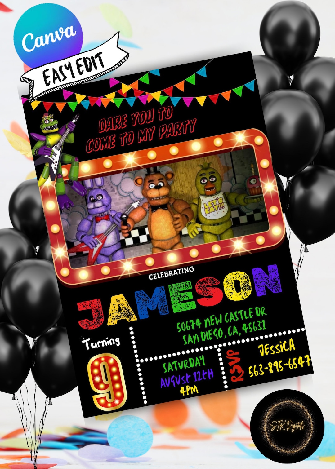 Five Nights at Freddy Birthday Invite, With FREE Video Thank You Card ...