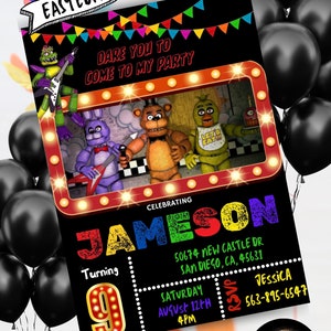 Verjaardagsuitnodiging Five Nights at Freddy, met GRATIS videobedankkaart. Digitale download, jongensverjaardag, instant download.