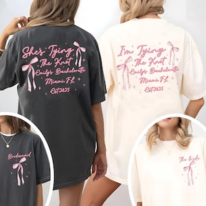 Custom Pink Bow Bachelorette Party Shirt, She&#39;s Tying The Knot Comfort Color Shirt, Personalized Bride Shirt, Custom Location Bach Shirt