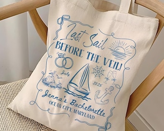 Custom Bachelorette Party Tote Bag, Last Sail Before The Veil Tote Bag, Bridesmaid Tote,  Bridesmaid Favors, Nautical Bachelorette Decor