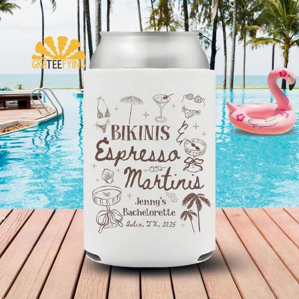 Bikinis And Espresso Martinis Bachelorette Can Coolers, Martinis and Bikinis Bachelorette Tapestry, Custom Bachelorette Backdrop