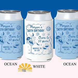 Custom Fifty Birthday Can Coolers, 30th, 40th, 50th Birthday Can Cooler, Beach Coastal Birthday Party Favors, Coastal Birthday Decor