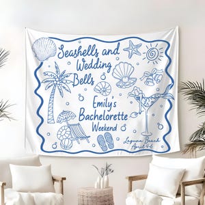 Custom Bachelorette Party Tapestry, Seashells And Wedding Bells Yard Sign, Custom Beach Bachelorette Party Decor, Bachelorette Backdrop