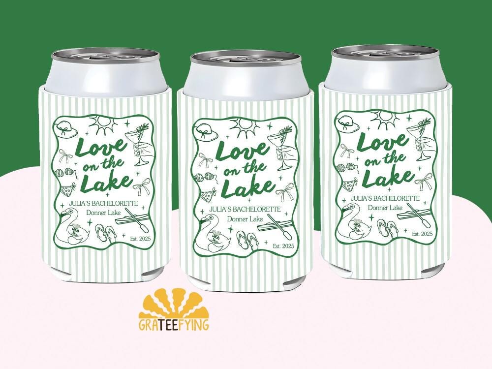 Custom Love On The Lake Bachelorette Can Coolers, Personalized Lake Bach Party Can Cooler, Girl Trip Camping Bach Decor, Bach Party Favors