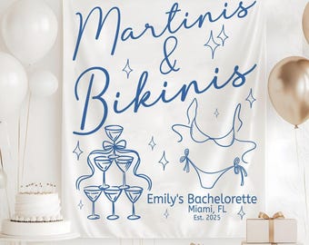 Custom Bachelorette Tapestry, Martinis & Bikinis Theme, Beach Party Backdrop