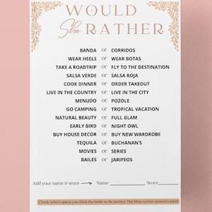 May include: A printable "Would You Rather" game with a gold floral border. The game features a list of 15 questions with two options each. The questions are about food, music, travel, and other lifestyle choices.