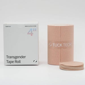 May include: A 4-inch roll of beige transgender tape with the brand name "Tuck Tech" printed on the roll. The tape is packaged in a white box with the brand name and website address printed on it.