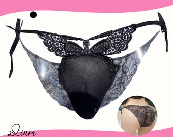 LINRA Hiding Gaff Panty Sexy Side Tie Lace Adjustable Low-Rise Underwear Sponge Camel Toe Brief Gaff for Transgender Women, Drag Queens #L03
