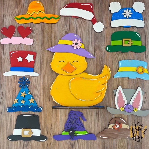 Yellow Duck Shelf Sitter with Hats, Duck Desk Buddy, Farmhouse Decor, Duck Sign, Cute Ducks, Duck Decor