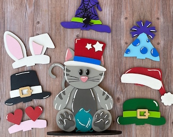Cat Desk Buddy with Interchangeable Seasonal Hats, Cat Shelf Sitter, Cat Desk Buddy, Cat Lover Gift, Cat Decor, Cat Mom Gift, Pet Gifts