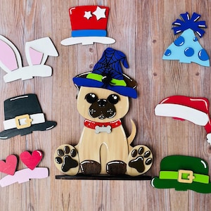 Pug Dog Desk Buddy with Seasonal and Holiday Hats, Cute Pug, Holiday Dog Decor, Custom Dog Gift, Interchangeable Hats, Desk Decor