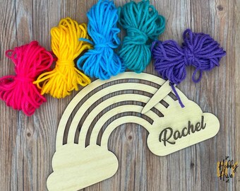 Personalized Rainbow Yarn Kit with Yarn and Needle Included, Add a Name, Laser Cut Wood, Weaving Kit, Rainbow Craft Kit, Boredom Buster