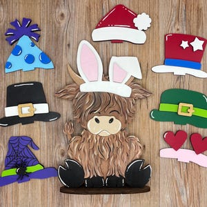 Highland Cow Desk Buddy with Interchangeable Hats or Bowties, Cow Figurine Shelf Sitter, Cute Desk Decor, Coworker Gift, Classroom Decor