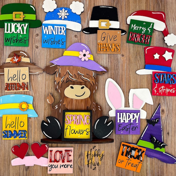 Hand Painted Highland Cow Desk Sign Bundle - Cute Desk Decor with Interchangeable Hats and Signs, Seasonal Shelf Sitter, Handmade Gifts