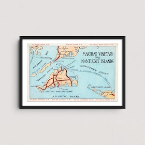 Martha’s Vineyard & Nantucket Map 1930s Vintage Postcard Print – Retro Travel Map Poster, Massachusetts Coastal Wall Art, Beach House Decor