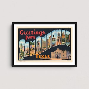 May include: Vintage postcard with a colorful illustration of the city of San Antonio, Texas. The text "Greetings from San Antonio Texas" is written in a bold, red font.