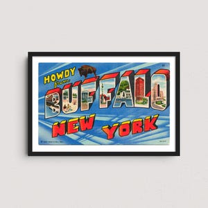 May include: A vintage postcard with a blue background and white stripes. The text "HOWDY from BUFFALO NEW YORK" is in red and yellow letters. The word "BUFFALO" is made up of images of buildings and a buffalo.