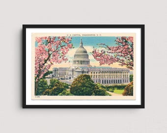 以下が含まれることがあります： ワシントンD.C.の米国議会議事堂をカラーイラストで描いたヴィンテージのポストカード。建物はピンクの花が咲いた木々に囲まれています。ポストカードのテキストには「U.S. Capitol, Washington, D.C.」とあります。