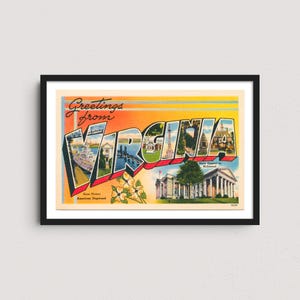 Virginia Vintage Postcard Print – Retro Travel Poster, Historic Virginia Wall Art, Mid-Century Decor