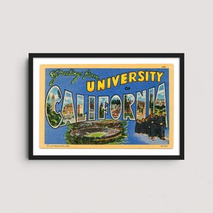 May include: A vintage postcard with a blue and yellow illustration of the words "Greetings from University of California" with a stadium and people in the background.