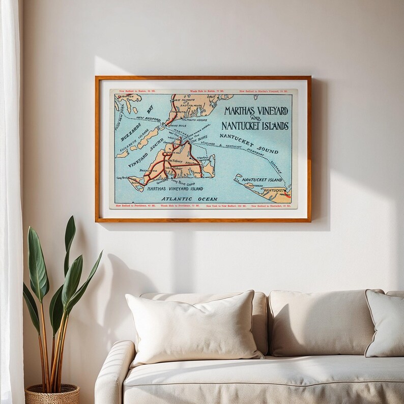 Martha’s Vineyard & Nantucket Map 1930s Vintage Postcard Print Retro