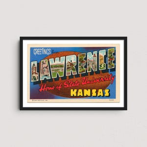 Lawrence Kansas Vintage Postcard Print – Retro Travel Poster, Historic Jayhawks Wall Art, University of Kansas College Decor