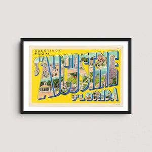 May include: A framed vintage postcard with the words "GREETINGS FROM ST. AUGUSTINE FLORIDA" in large, stylized letters. The letters are filled with images of the city against a bright yellow background.