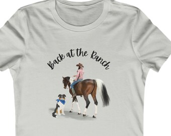 Camiseta gráfica de vaquera y perro ranchero: Camisa vaquera para mujer
