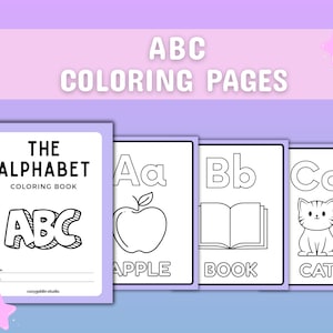 Op de afbeelding: Zwart-witte kleurplaten met de letters A, B en C van het alfabet met illustraties van een appel, een boek en een kat. De titel van het kleurboek is "The Alphabet Coloring Book".