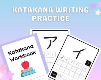 May include: A Katakana writing practice workbook and practice sheets are displayed against a pastel gradient background. The workbook cover features the text "Katakana Workbook" with an illustration of an apple and books. The practice sheets show Katakana characters.