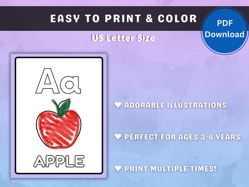 Op de afbeelding: Printbare kleurplaat met de letter A en een appel. De pagina is ontworpen voor kinderen van 3-6 jaar en bevat de tekst "Aa APPEL".