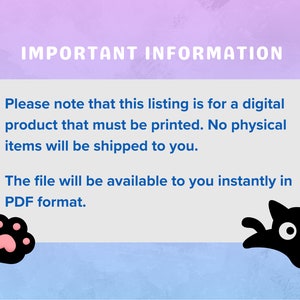 Op de afbeelding: Een blauwe en witte tekstbox met de woorden "IMPORTANT INFORMATION" in blauwe tekst. De tekstbox bevat informatie over een digitaal product dat moet worden afgedrukt. De tekstbox bevindt zich op een paarse en blauwe achtergrond met een zwarte poot afdruk aan de linkerkant en een zwarte kat aan de rechterkant.