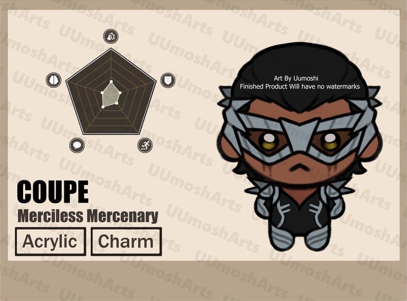 May include: Illustration of a cartoon character named Coupe, a merciless mercenary. The character has a black head and body, with a silver mask and armor. The image includes a pentagon-shaped graphic and the words "Acrylic Charm."