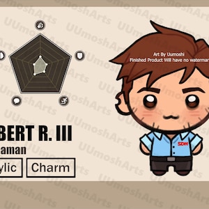 May include: An acrylic charm featuring a cartoon character with brown hair and a blue shirt. The character is labeled "Robert R. III, Mechaman." A graphic with icons and text is also present.