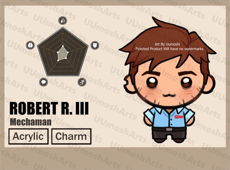 May include: An acrylic charm featuring a cartoon character with brown hair and a blue shirt. The character is labeled "Robert R. III, Mechaman." A graphic with icons and text is also present.