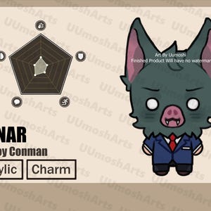 May include: An acrylic charm featuring a cartoon bat-like character with a pig-like snout, wearing a blue suit and red tie. The image includes a pentagonal radar chart, the text SONAR, Batboy Conman, Acrylic, and Charm.