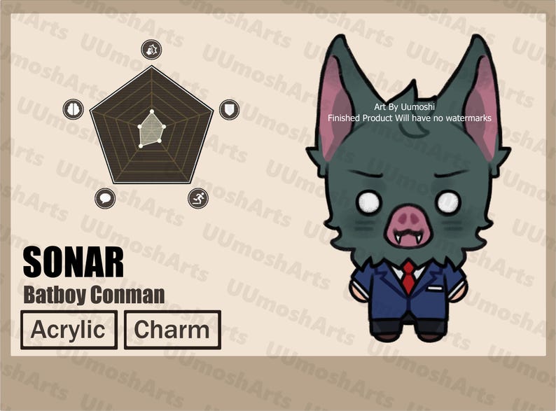 May include: An acrylic charm featuring a cartoon bat-like character with a pig-like snout, wearing a blue suit and red tie. The image includes a pentagonal radar chart, the text SONAR, Batboy Conman, Acrylic, and Charm.
