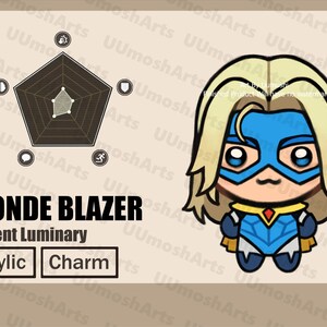 May include: An acrylic charm featuring a chibi-style character with blonde hair and a blue mask. The text reads BLONDE BLAZER, Radient Luminary, Acrylic, and Charm. A pentagonal radar chart is displayed on the left side of the beige background.