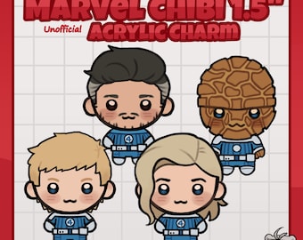 May include: Four 1.5-inch Marvel Chibi acrylic charms featuring characters in blue and white uniforms with a number 4 emblem. The text reads MARVEL CHIBI 1.5" ACRYLIC CHARM and Unofficial. The characters have large eyes and small mouths.